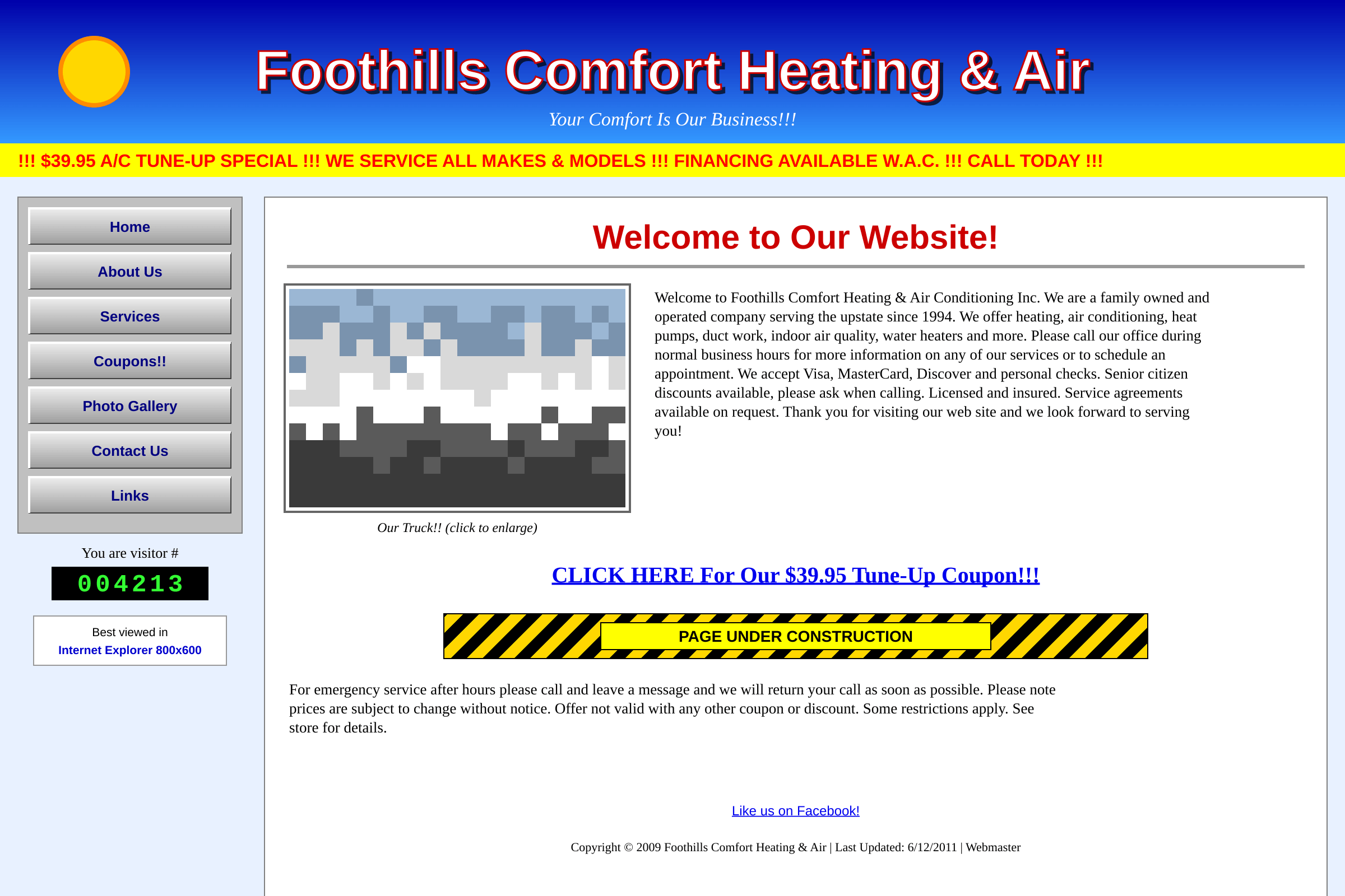 The old Foothills Comfort homepage — a bright blue banner, a scrolling red coupon ticker, gray beveled buttons, a visitor counter, and a wall of small text.
