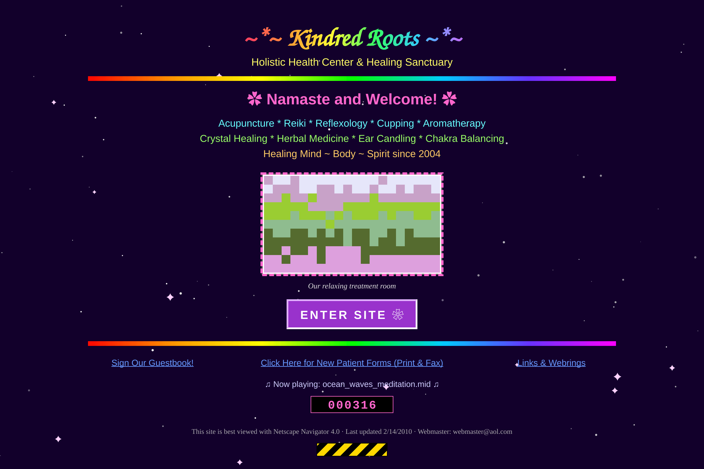 The old Kindred Roots homepage — a GeoCities-style page on a starry purple night sky with rainbow lettering, rainbow dividers, a pixelated photo, an Enter Site button, a guestbook link, and a link to print-and-fax patient forms.