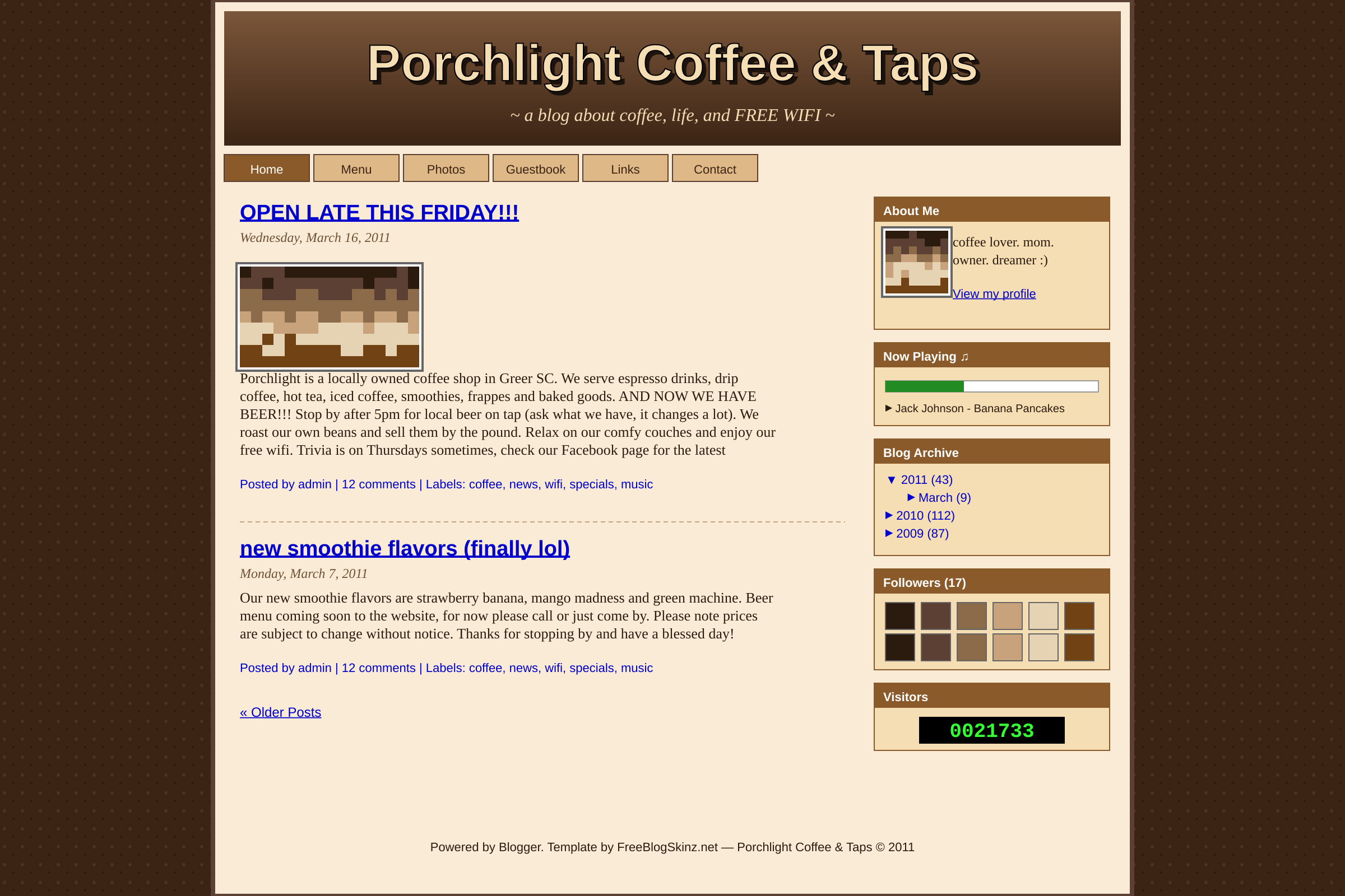 The old Porchlight site — a 2011 blog template on a speckled brown background with a papyrus-style banner, rambling blog posts that bury "AND NOW WE HAVE BEER!!!" in a paragraph, a music player widget, and a visitor counter.