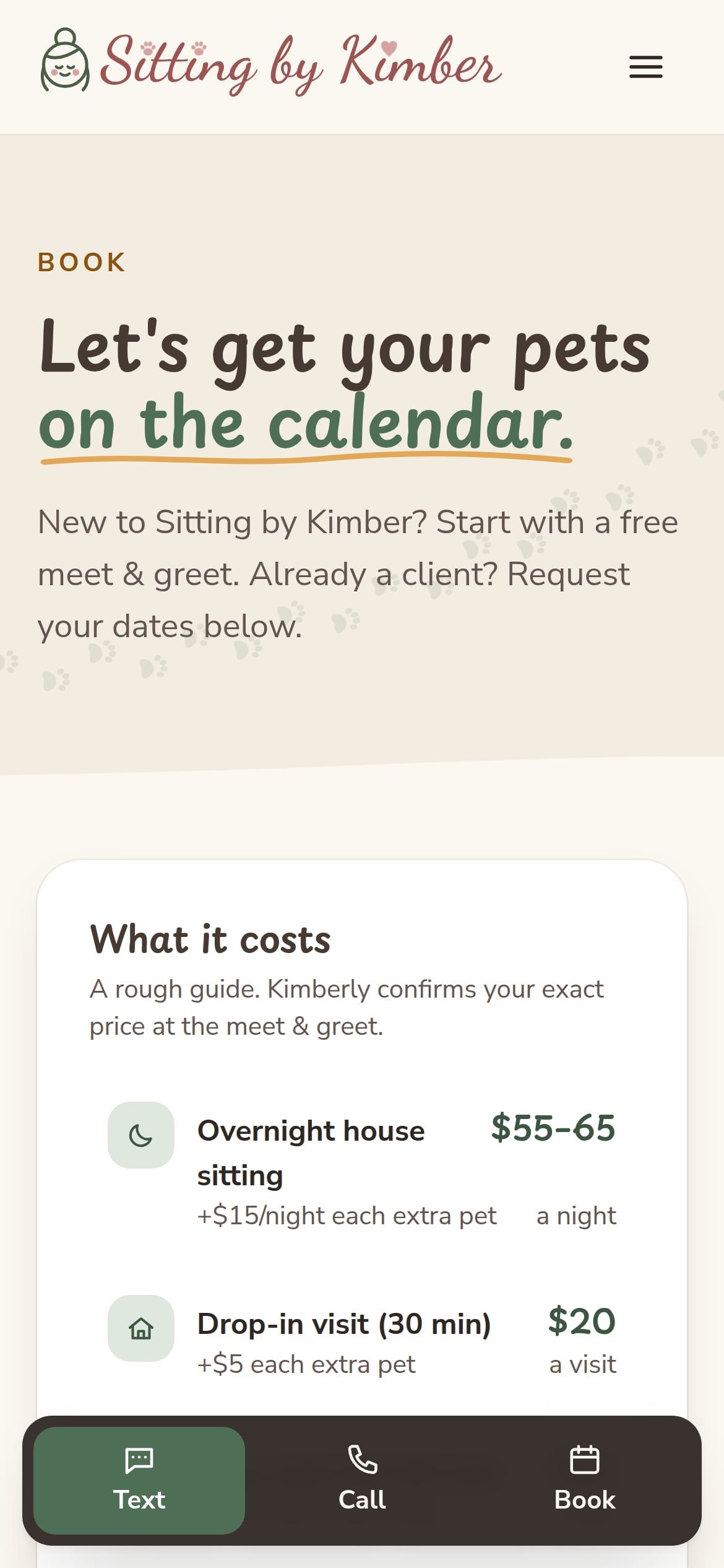 The Book page on a phone, with a "What it costs" card listing overnight house sitting at $55 to $65 a night and drop-in visits at $20.